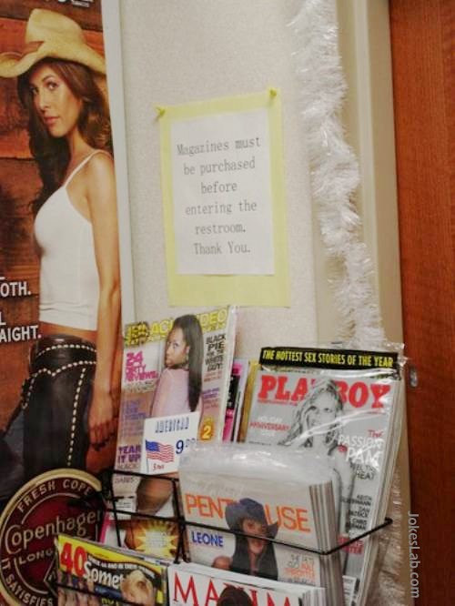funny sign, magazines must be purchased before bringing into toilet